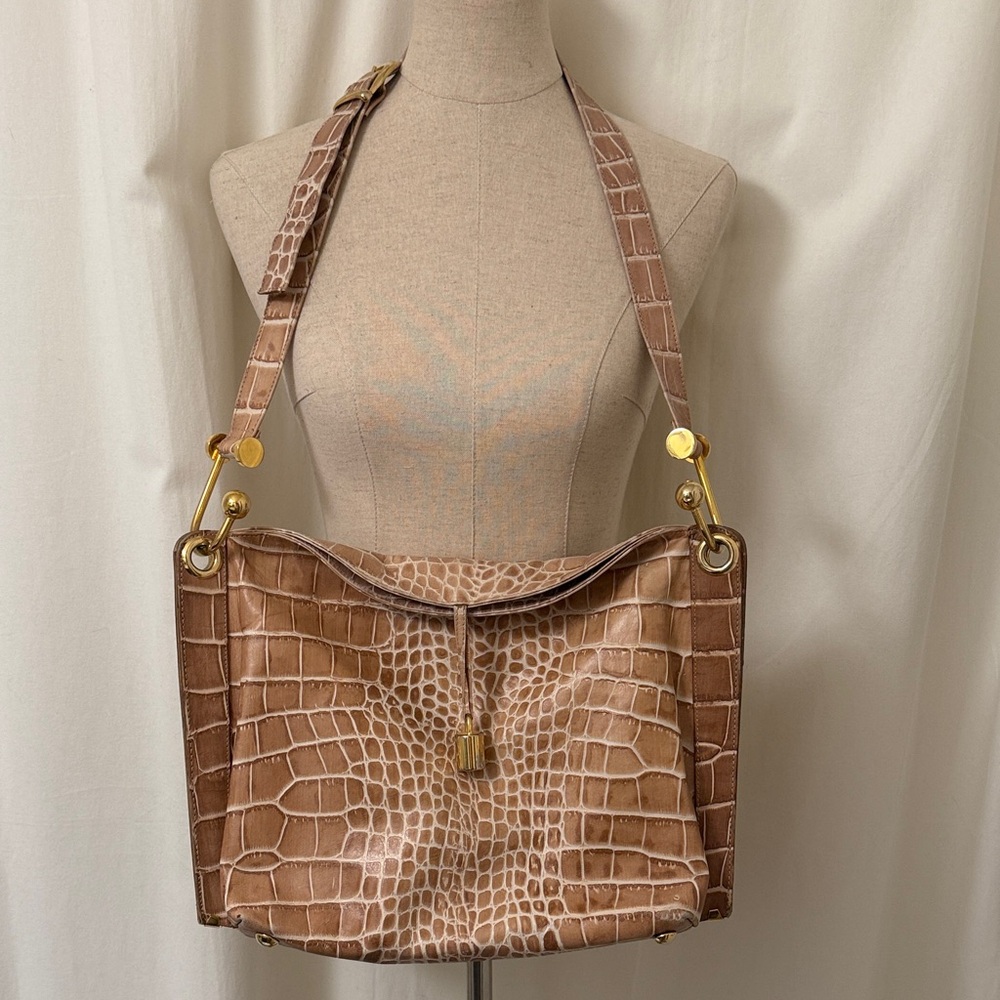 Vintage Tan Crocodile-Embossed Shoulder Bag